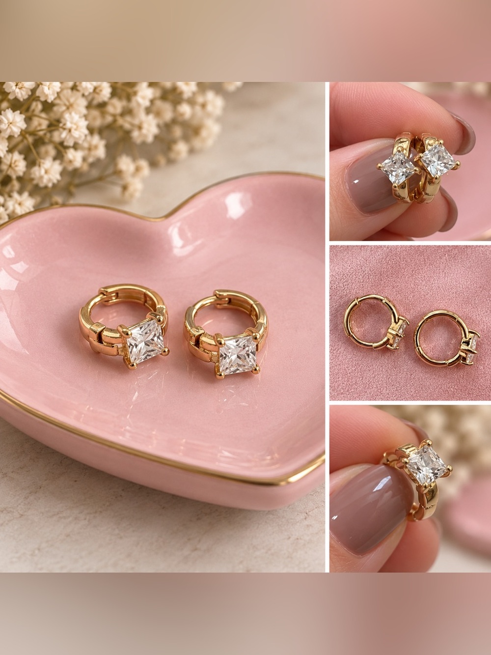 Gold Hoop Huggie Earrings with Square CZ Stone